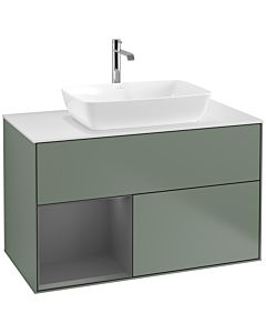 Villeroy und Boch Finion Waschtischunterschrank F771GKGM 100cm, Abdeckplatte white matt, Regale Anthracite matt lacquer, Olive Matt Lacquer