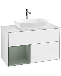 Villeroy und Boch Finion Waschtischunterschrank F771GMGF 100cm, Abdeckplatte white matt, Regale Olive matt lacquer, Glossy white lacquer