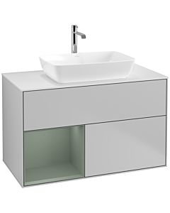 Villeroy und Boch Finion Waschtischunterschrank F771GMGJ 100cm, Abdeckplatte white matt, Regale Olive matt lacquer, Light grey matt