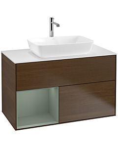 Villeroy und Boch Finion Villeroy und Boch F771GMGN 100cm, plaque de finition blanc mat, étagères laqué mat olive, placage noyer