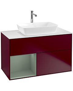 Villeroy und Boch Finion Waschtischunterschrank F771GMHB 100cm, Abdeckplatte white matt, Regale Olive matt lacquer, Peony Matt