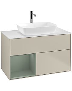 Villeroy und Boch Finion Waschtischunterschrank F771GMHH 100cm, Abdeckplatte white matt, Regale Olive matt lacquer, Sand Matt Lacquer