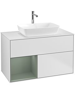 Villeroy und Boch Finion Waschtischunterschrank F771GMMT 100cm, Abdeckplatte white matt, Regale Olive matt lacquer, White matt lacquer