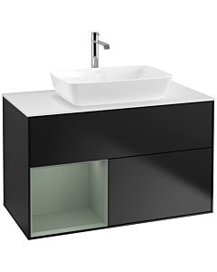 Villeroy und Boch Finion Waschtischunterschrank F771GMPD 100cm, Abdeckplatte white matt, Regale Olive matt lacquer, Black matt lacquer
