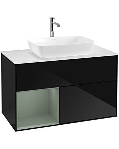 Villeroy und Boch Finion Villeroy und Boch F771GMPH 100cm, plaque de finition blanc mat, étagères olive laqué mat, Glossy Black Lacquer