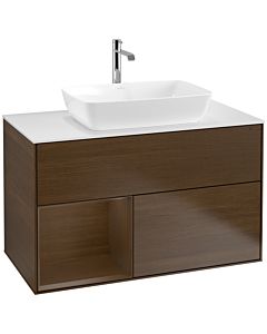 Villeroy und Boch Finion Waschtischunterschrank F771GNGN 100cm, Abdeckplatte white matt, Regale Walnut Veneer, Walnut veneer
