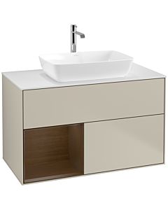 Villeroy und Boch Finion Waschtischunterschrank F771GNHH 100cm, Abdeckplatte white matt, Regale Walnut Veneer, Sand Matt Lacquer