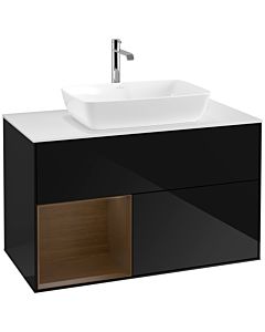Villeroy und Boch Finion Waschtischunterschrank F771GNPH 100cm, Abdeckplatte white matt, Regale Walnut Veneer, Glossy Black Lacquer