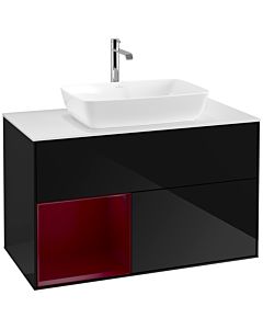 Villeroy und Boch Finion Waschtischunterschrank F771HBPH 100cm, Abdeckplatte white matt, Regale Peony matt lacquer, Glossy Black Lacquer