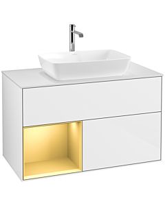 Villeroy und Boch Finion Villeroy und Boch F771HFGF 100cm, plaque de finition blanc mat, étagères laqué or mat, laqué blanc brillant