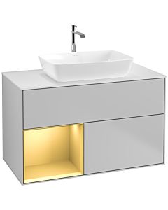 Villeroy und Boch Finion Villeroy und Boch F771HFGJ 100cm, plaque de finition blanc mat, étagères laqué or mat, gris clair mat