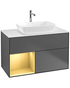 Villeroy und Boch Finion Waschtischunterschrank F771HFGK 100cm, Abdeckplatte white matt, Regale Gold matt lacquer, Anthracite matt