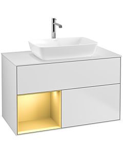 Villeroy und Boch Finion Waschtischunterschrank F771HFMT 100cm, Abdeckplatte white matt, Regale Gold matt lacquer, White matt lacquer