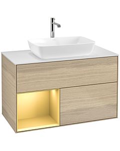Villeroy und Boch Finion Waschtischunterschrank F771HFPC 100cm, Abdeckplatte white matt, Regale Gold matt lacquer, Oak Veneer