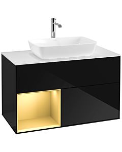 Villeroy und Boch Finion Waschtischunterschrank F771HFPH 100cm, Abdeckplatte white matt, Regale Gold matt lacquer, Glossy Black Lacquer