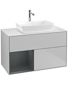 Villeroy und Boch Finion Waschtischunterschrank F771HGGJ 100cm, Abdeckplatte white matt, Regale Midnight matt lacquer, Light grey matt