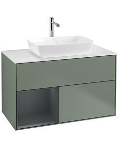 Villeroy und Boch Finion Waschtischunterschrank F771HGGM 100cm, Abdeckplatte white matt, Regale Midnight matt lacquer, Olive Matt Lacquer