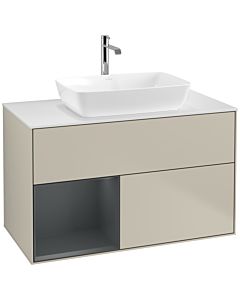 Villeroy und Boch Finion Waschtischunterschrank F771HGHH 100cm, Abdeckplatte white matt, Regale Midnight matt lacquer, Sand Matt Lacquer