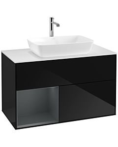 Villeroy und Boch Finion Waschtischunterschrank F771HGPH 100cm, Abdeckplatte white matt, Regale Midnight matt lacquer, Glossy Black Lacquer