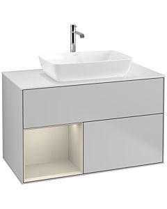 Villeroy und Boch Finion Villeroy und Boch F771HHGJ 100cm, plaque de finition blanc mat, étagères laqué sable mat, gris clair mat