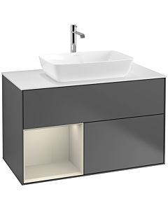 Villeroy und Boch Finion Waschtischunterschrank F771HHGK 100cm, Abdeckplatte white matt, Regale sand matt lacquer, Anthracite matt