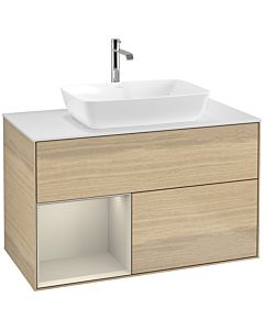 Villeroy und Boch Finion Waschtischunterschrank F771HHPC 100cm, Abdeckplatte white matt, Regale sand matt lacquer, Oak Veneer