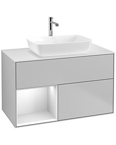 Villeroy und Boch Finion Waschtischunterschrank F771MTGJ 100cm, Abdeckplatte white matt, Regale White matt lacquer, Light grey matt