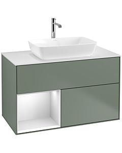 Villeroy und Boch Finion Waschtischunterschrank F771MTGM 100cm, Abdeckplatte white matt, Regale White matt lacquer, Olive Matt Lacquer