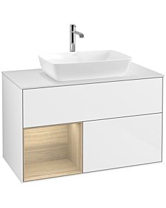 Villeroy und Boch Finion Waschtischunterschrank F771PCGF 100cm, Abdeckplatte white matt, Regale Oak Veneer, Glossy white lacquer