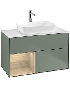 Villeroy und Boch Finion Waschtischunterschrank F771PCGM 100cm, Abdeckplatte white matt, Regale Oak Veneer, Olive Matt Lacquer