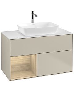 Villeroy und Boch Finion Villeroy und Boch F771PCHH 100cm, plaque de finition blanc mat, étagères Oak Veneer , Sand Matt Lacquer