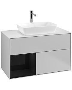 Villeroy und Boch Finion Waschtischunterschrank F771PHGJ 100cm, Abdeckplatte white matt, Regale Glossy black lacquer, Light grey matt