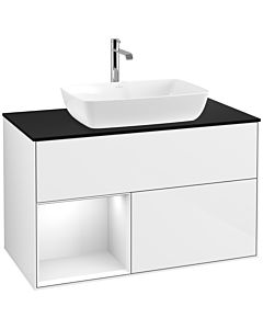 Villeroy und Boch Finion Waschtischunterschrank F772GFGF 100cm, Abdeckplatte black matt, Regale Glossy white lacquer, Glossy white lacquer