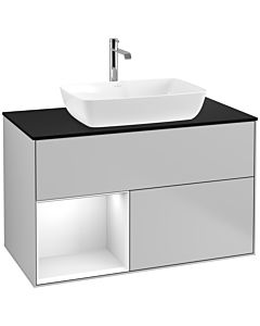 Villeroy und Boch Finion Villeroy und Boch F772GFGJ 100cm, plaque de finition noir mat, étagères laqué blanc brillant, gris clair mat