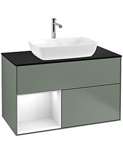 Villeroy und Boch Finion Waschtischunterschrank F772GFGM 100cm, Abdeckplatte black matt, Regale Glossy white lacquer, Olive Matt Lacquer
