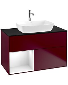 Villeroy und Boch Finion Waschtischunterschrank F772GFHB 100cm, Abdeckplatte black matt, Regale Glossy white lacquer, Peony Matt