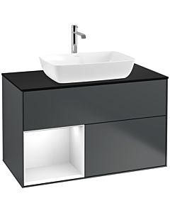 Villeroy und Boch Finion Waschtischunterschrank F772GFHG 100cm, Abdeckplatte black matt, Regale Glossy white lacquer, Midnight Blue Matt Lacquer