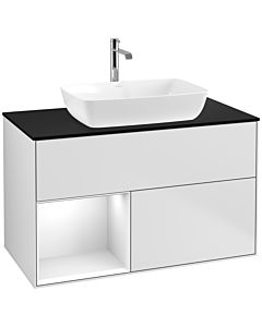 Villeroy und Boch Finion Waschtischunterschrank F772GFMT 100cm, Abdeckplatte black matt, Regale Glossy white lacquer, White matt lacquer