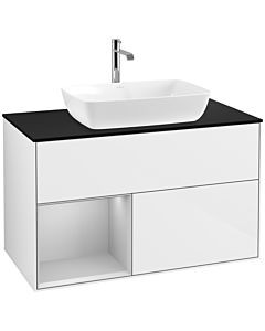 Villeroy und Boch Finion Villeroy und Boch F772GJGF 100cm, plaque de finition noir mat, étagères laqué gris clair mat, laqué blanc brillant