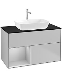 Villeroy und Boch Finion Waschtischunterschrank F772GJGJ 100cm, Abdeckplatte black matt, Regale Light grey matt lacquer, Light grey matt