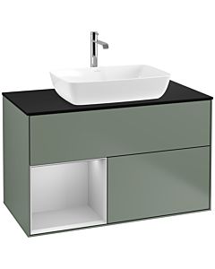 Villeroy und Boch Finion Waschtischunterschrank F772GJGM 100cm, Abdeckplatte black matt, Regale Light grey matt lacquer, Olive Matt Lacquer
