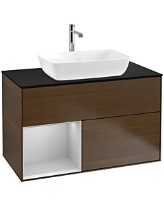 Villeroy und Boch Finion Waschtischunterschrank F772GJGN 100cm, Abdeckplatte black matt, Regale Light grey matt lacquer, Walnut veneer