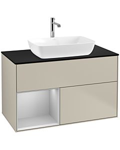 Villeroy und Boch Finion Waschtischunterschrank F772GJHH 100cm, Abdeckplatte black matt, Regale Light grey matt lacquer, Sand Matt Lacquer