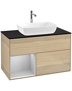 Villeroy und Boch Finion Waschtischunterschrank F772GJPC 100cm, Abdeckplatte black matt, Regale Light grey matt lacquer, Oak Veneer