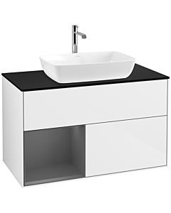 Villeroy und Boch Finion Waschtischunterschrank F772GKGF 100cm, Abdeckplatte black matt, Regale Anthracite matt lacquer, Glossy white lacquer