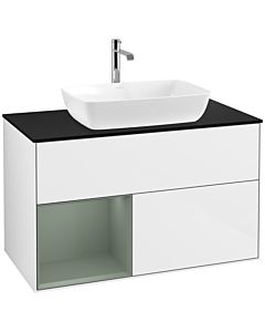 Villeroy und Boch Finion Villeroy und Boch F772GMGF 100cm, plaque de finition noir mat, étagères laqué olive mat, laqué blanc brillant