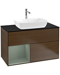 Villeroy und Boch Finion Waschtischunterschrank F772GMGN 100cm, Abdeckplatte black matt, Regale Olive matt lacquer, Walnut veneer
