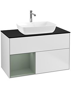 Villeroy und Boch Finion Waschtischunterschrank F772GMMT 100cm, Abdeckplatte black matt, Regale Olive matt lacquer, White matt lacquer