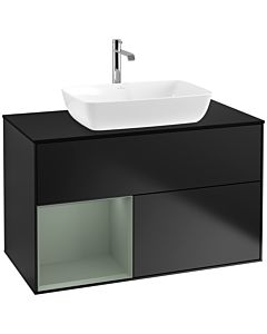 Villeroy und Boch Finion Waschtischunterschrank F772GMPD 100cm, Abdeckplatte black matt, Regale Olive matt lacquer, Black matt lacquer