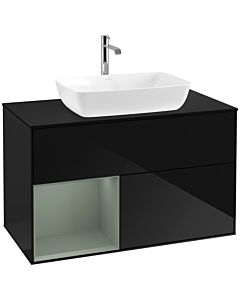 Villeroy und Boch Finion Waschtischunterschrank F772GMPH 100cm, Abdeckplatte black matt, Regale Olive matt lacquer, Glossy Black Lacquer